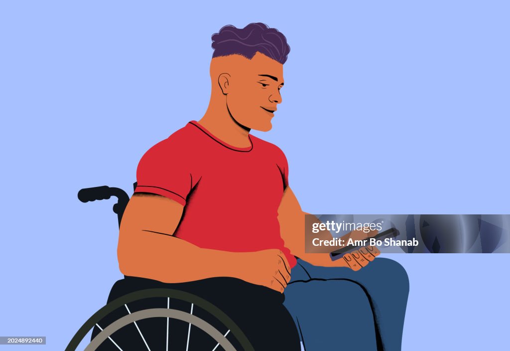 Man in a wheelchair engaged with his smartphone, embracing technology for connectivity. Digital Accessibility, Independence, Modern Communication, Assistive Technology, Social Inclusion, Mobile Usage, Active Participation