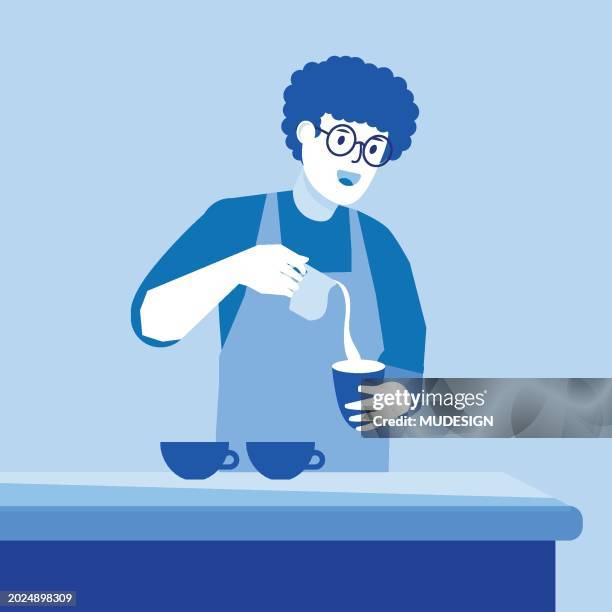 illustration of barista guy pours coffee into cup for two customers at work - restaurant waiter uniform stock illustrations