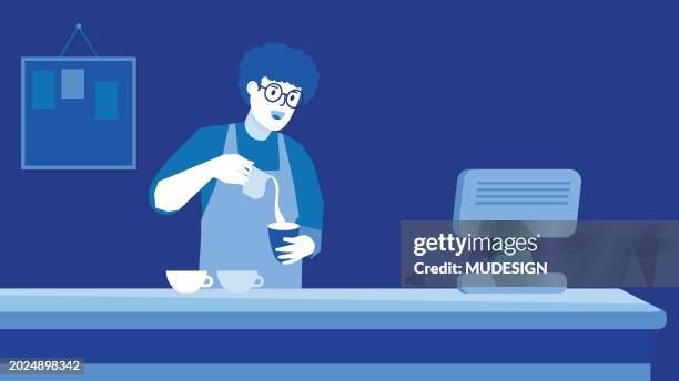 young barista serving coffee. vector illustration of coffee shop design concept. - restaurant-waiter-uniform stock illustrations