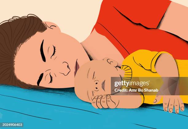 mother and newborn son resting peacefully together on a bed. maternity, bonding, parenthood, newborn care, relaxation, family intimacy, motherly love - child marriage stock pictures, royalty-free photos & images