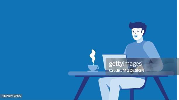 remote freelance work concept. man freelancer sitting in comfortable armchair working distant on laptop with coffee - person sitting in front of computer cartoon stock illustrations