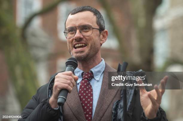 Gabriel Shipton, brother of Julian Assange addresses the protest at High Court on February 20, 2024 in London, England. The two-day hearing in London...