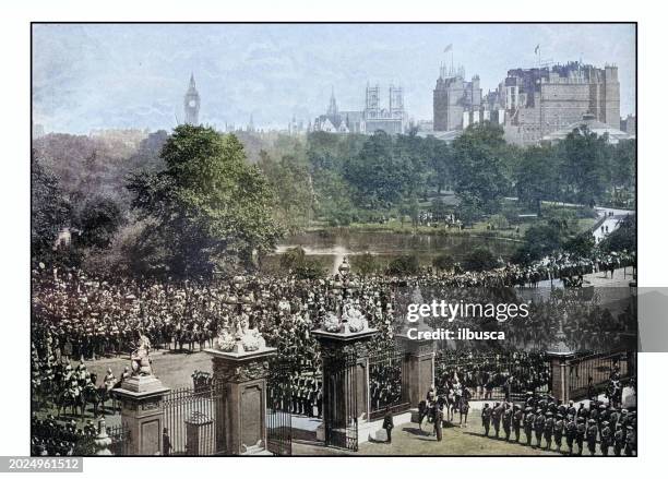 antique london's photographs: troops returning to buckingham palace - buckingham palace exterior stock illustrations