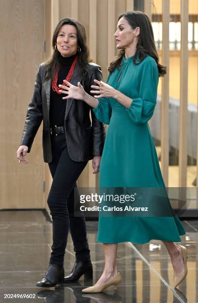 Queen Letizia of Spain speaks to a dignitary as she attends the opening ceremony of the Talent Tour 2024 at the International Centre of Spain on...