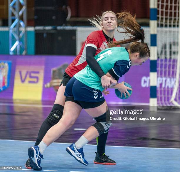 Polina Chernienko №5 of HC Sumy-U fights for the ball against Anastasia Orzhakhovska №55 of HC Spartak Kyiv during the Women's Handball Cup of...