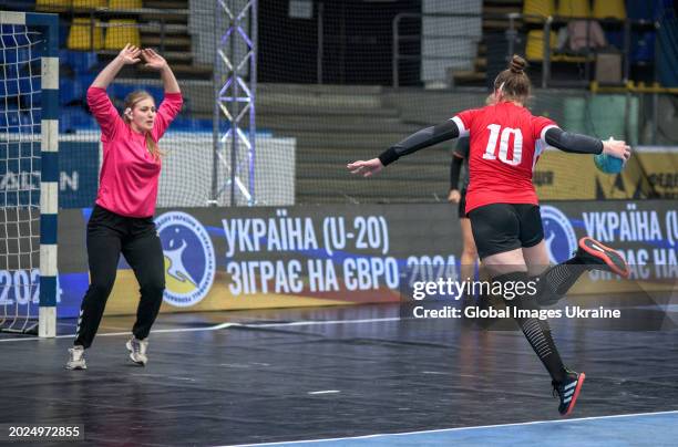 Mariya Antoniuk №10 of HC Spartak Kyiv throws the ball into HC Sumy-U team net during the Women's Handball Cup of Ukraine 2023-2024 1/8 Final match...