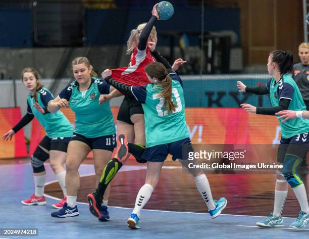Anastasia Orzhakhovska №55 HC Spartak Kyiv dribbles the ball against HC Sumy-U players during the Women's Handball Cup of Ukraine 2023-2024 1/8 Final...