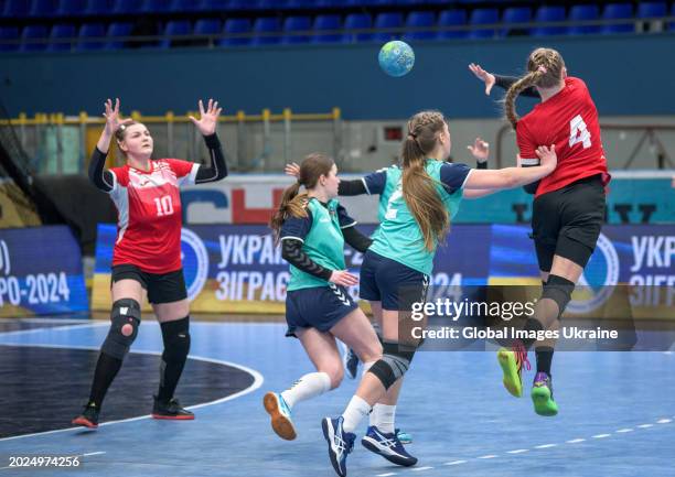 Anastasiya Parkhomenko №4 of HC Spartak Kyiv pass the ball to Mariya Antoniuk №10 of HC Spartak Kyiv, playing against HC Sumy-U players during the...