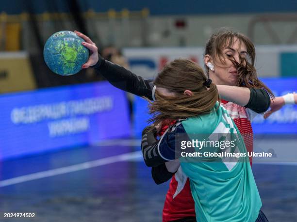 Violeta Komarova №20 of HC Sumy-U fights for the ball against Yuliya Poradnyk №23 of HC Spartak Kyiv during the Women's Handball Cup of Ukraine...