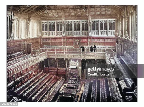 ilustraciones, imágenes clip art, dibujos animados e iconos de stock de antique london's photographs: interior of the house of commons - parliament building