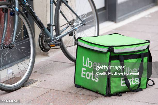 An Uber Eats workers bag and bike on April 12, 2021 in Cardiff, Wales.