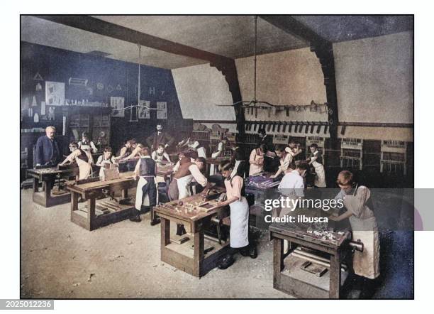 illustrations, cliparts, dessins animés et icônes de antique london's photographs: board school carpentry class - pension