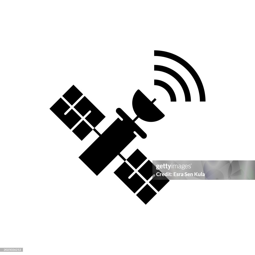 Satellite Connection solid icon design on a white background. This black flat icon suits infographics, web pages, mobile apps, UI, UX, and GUI designs.