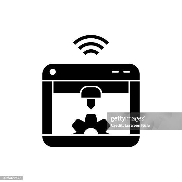 3d printer solid icon design on a white background. this black flat icon suits infographics, web pages, mobile apps, ui, ux, and gui designs. - cnc machine stock illustrations