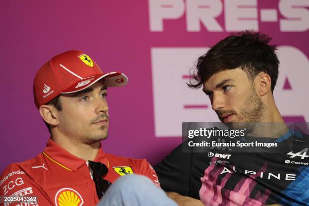 Charles Leclerc of Monaco and Ferrari, Pierre Gasly of France and Alpine F1, attend the Drivers Press Conference during day three of F1 Testing at...