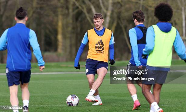 Kiernan Dewsbury-Hall of Leicester City during a training session at Leicester City Training Ground, Seagrave on February 21, 2024 in Leicester,...