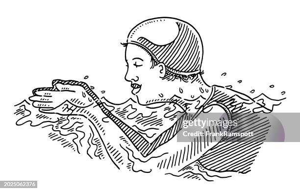 woman with bathing cap swimming drawing - old-woman-sketch stock illustrations