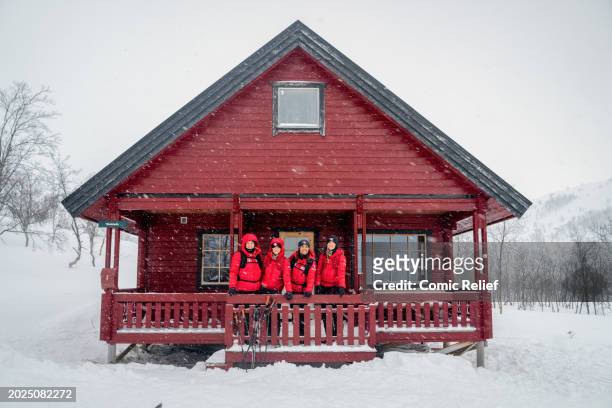 Sara Davies, Vicky Pattison, Alex Scott and Laura Whitmore, seen outside of hut during day two of the challenge on the February 20, 2024 in Norway....