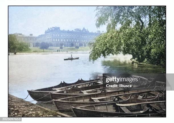 antique london's photographs: buckingham palace from st james park - buckingham palace exterior stock illustrations