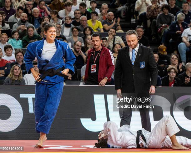 3rd FEBRUARY: Watched by referee Matthieu Bataille of France, double World champion, Barbara Matic of Croatia is distraught and weeping on the mat...