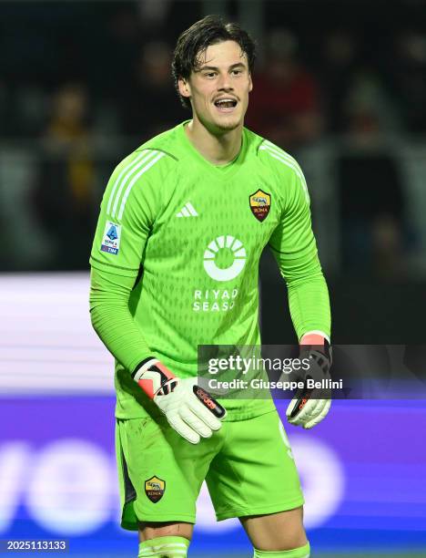 Mile Svilar of AS Roma looks on during the Serie A TIM match between Frosinone Calcio and AS Roma - Serie A TIM at Stadio Benito Stirpe on February...