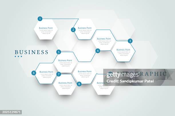 sechseckige präsentationsdiagrammvorlage mit 9 optionen. - ninth stock-grafiken, -clipart, -cartoons und -symbole