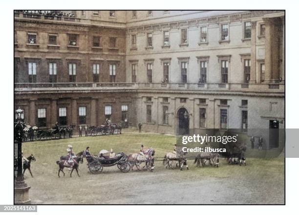 antique london's photographs: royal procession leaving the quadrangle, buckingham palace - buckingham palace exterior stock illustrations