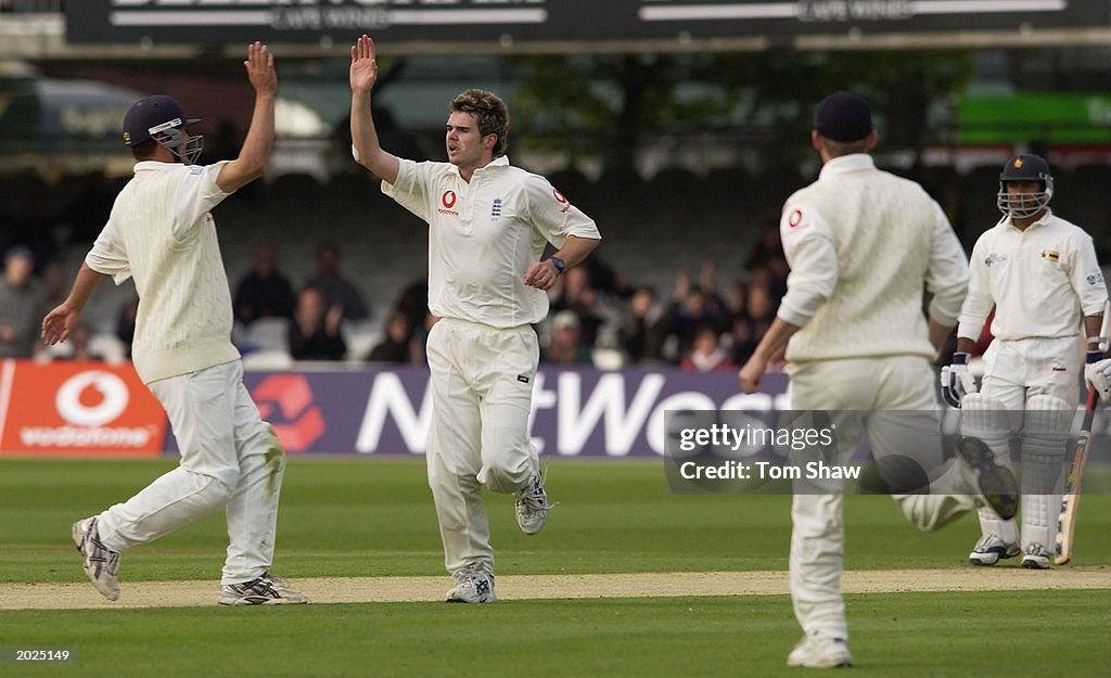 James Anderson of England celebrates taking the wicket of Mark Vermeule