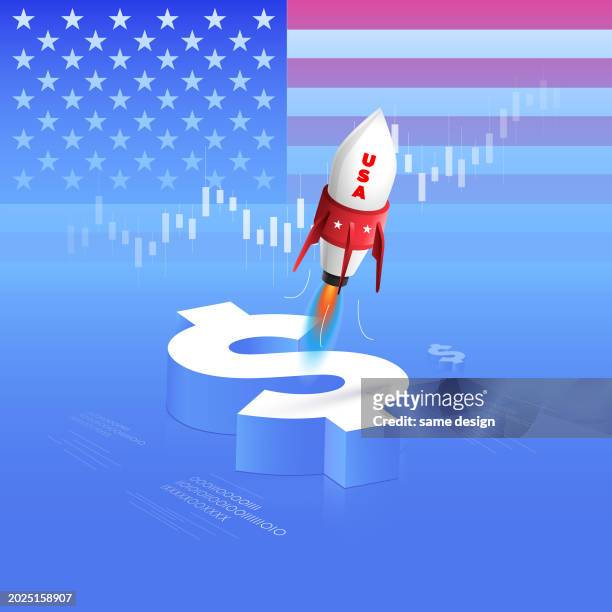 usa 3d-dollar und börsenkerze mit rakete - stock exchange stock-grafiken, -clipart, -cartoons und -symbole