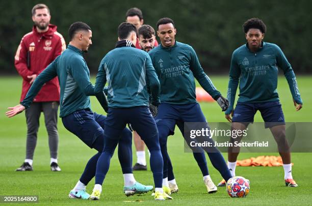 Gabriel of Arsenal during an Arsenal training session ahead of the UEFA Champions League match against Porto at London Colney on February 20, 2024 in...