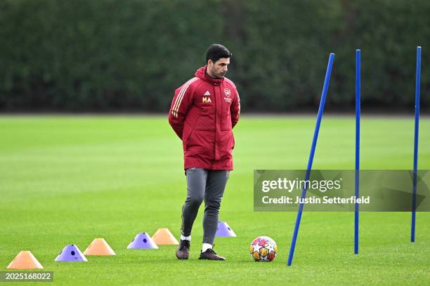 Mikel Arteta, Manager of Arsenal during an Arsenal training session ahead of the UEFA Champions League match against Porto at London Colney on...