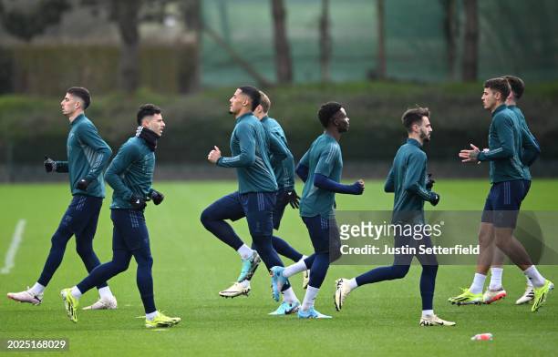 Gabriel Martinelli of Arsenal and Bukayo Saka of Arsenal during an Arsenal training session ahead of the UEFA Champions League match against Porto at...