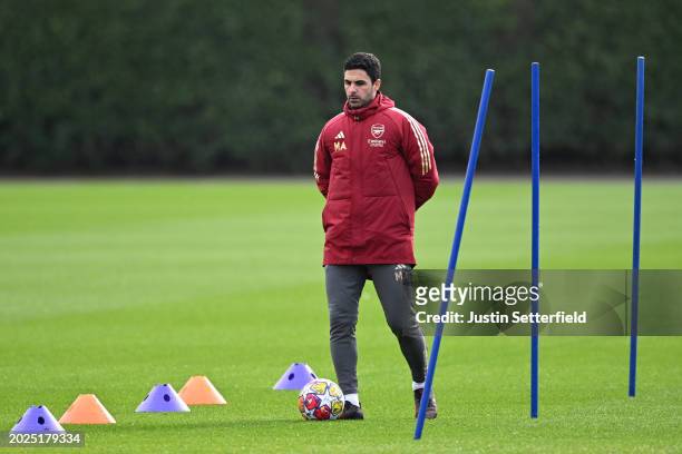 Mikel Arteta, Manager of Arsenal during an Arsenal training session ahead of the UEFA Champions League match against Porto at London Colney on...