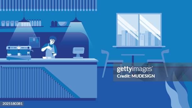barista making cup of coffee latte, vector illustration. cafe interior with coffee machine, cups, coffee beans and tables - restaurant-waiter-uniform stock illustrations