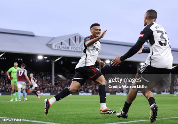 Rodrigo Muniz of Fulham celebrates scoring his team's first goal during the Premier League match between Fulham FC and Aston Villa at Craven Cottage...