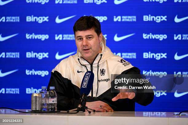 Head Coach Mauricio Pochettino of Chelsea during a press conference at Chelsea Training Ground on February 23, 2024 in Cobham, England.