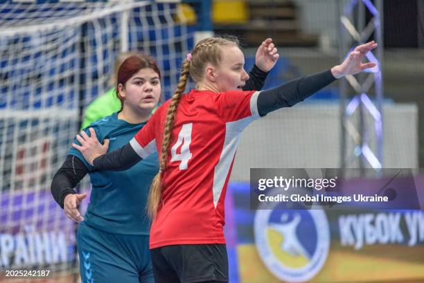 Anastasiya Parkhomenko №4 of HC Spartak Kyiv plays against Daria Mygalenko №9 of HC Sumy-U during the Women's Handball Cup of Ukraine 2023-2024 1/8...