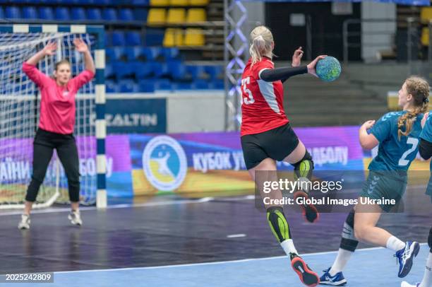 Anastasia Orzhakhovska №55 of HC Spartak Kyiv throws the ball into the HC Sumy-U team net during the Women's Handball Cup of Ukraine 2023-2024 1/8...