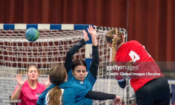Anastasiya Parkhomenko №4 of HC Spartak Kyiv throws the ball into the HC Sumy-U team net during the Women's Handball Cup of Ukraine 2023-2024 1/8...
