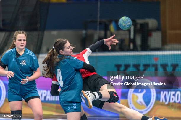Yuliya Nechayeva №66 of HC Spartak Kyiv fights for the ball against Taisiya Kovtun №4 of HC Sumy-U during the Women's Handball Cup of Ukraine...