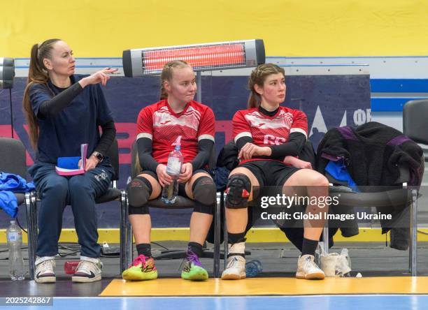 Anastasiya Parkhomenko №4 and Yuliya Nechayeva №66 of HC Spartak Kyiv rest during the Women's Handball Cup of Ukraine 2023-2024 1/8 Final match on...