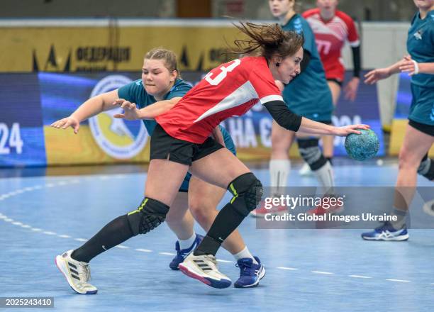 Yuliya Poradnyk №23 of HC Spartak Kyiv fights for the ball against Olga Brusova №11 of HC Sumy-U during the Women's Handball Cup of Ukraine 2023-2024...