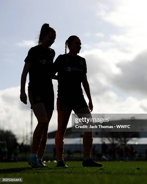 Katie Johnson and Sophie Bramford of Wolverhampton Wanderers warm up ahead of the Birmingham Challenge Cup Semi-final match between Wolverhampton...