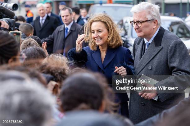 Princess Claire and Prince Laurent of Belgium greet people after the annual mass in memory of deceased members of the Belgian Royal Family at Eglise...