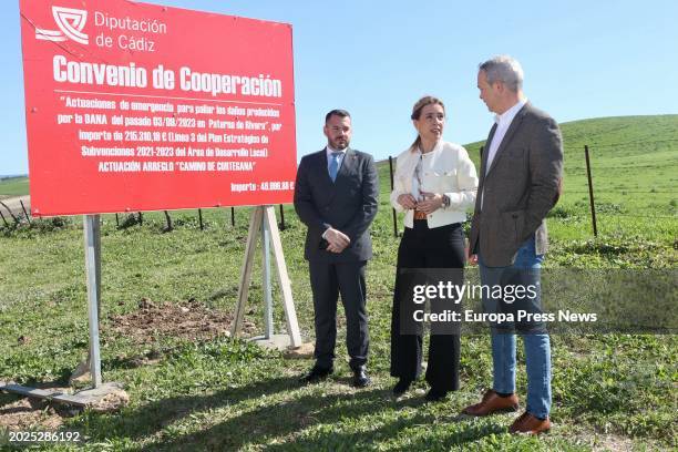 The President of the Diputacion de Cadiz, Almudena Martinez next to the poster announcing the works carried out, on February 20 in, Cadiz, Andalusia...