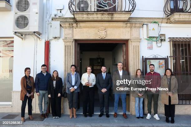 The president of the Diputacion de Cadiz, Almudena Martinez with the mayor of Paterna, Andres Clavijo and the municipal corporation at the door of...
