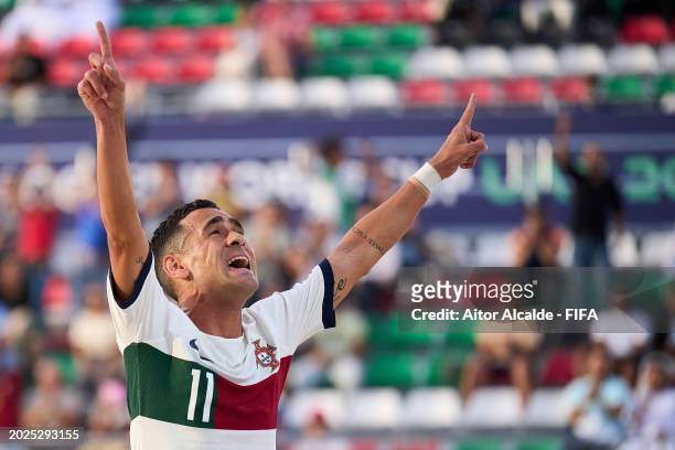 Be Martins of Portugal celebrates after scoring goal during the FIFA Beach Soccer World Cup UAE 2024 Group D match between Oman and Portugal at Dubai...