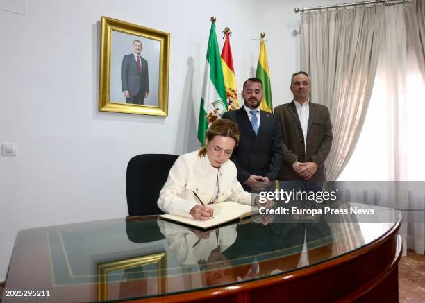 The president of the Diputacion de Cadiz, Almudena Martinez signs in the book of honor of the town hall of Paterna, on 20 February, 2024 in, Cadiz,...