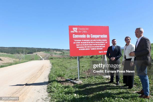The President of the Diputacion de Cadiz, Almudena Martinez next to the poster announcing the works carried out, on February 20 in, Cadiz, Andalusia...