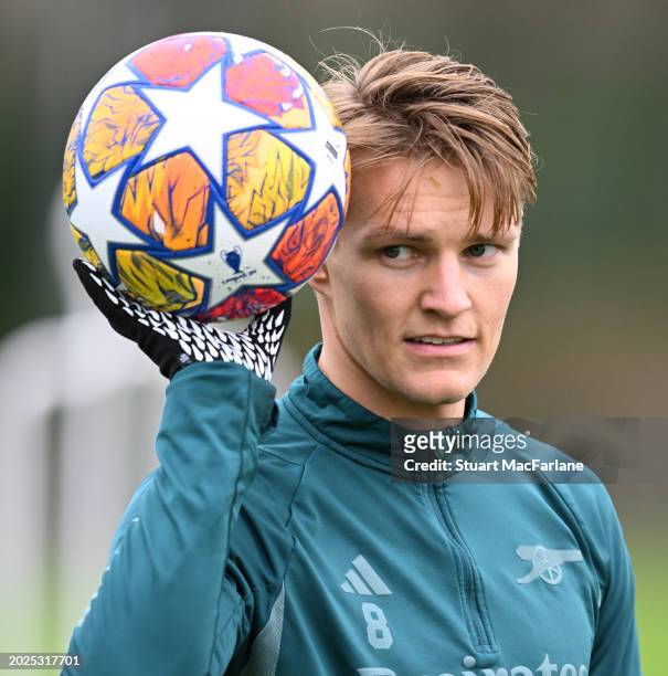 Martin Odegaard of Arsenal during a training session at London Colney on February 20, 2024 in St Albans, England.